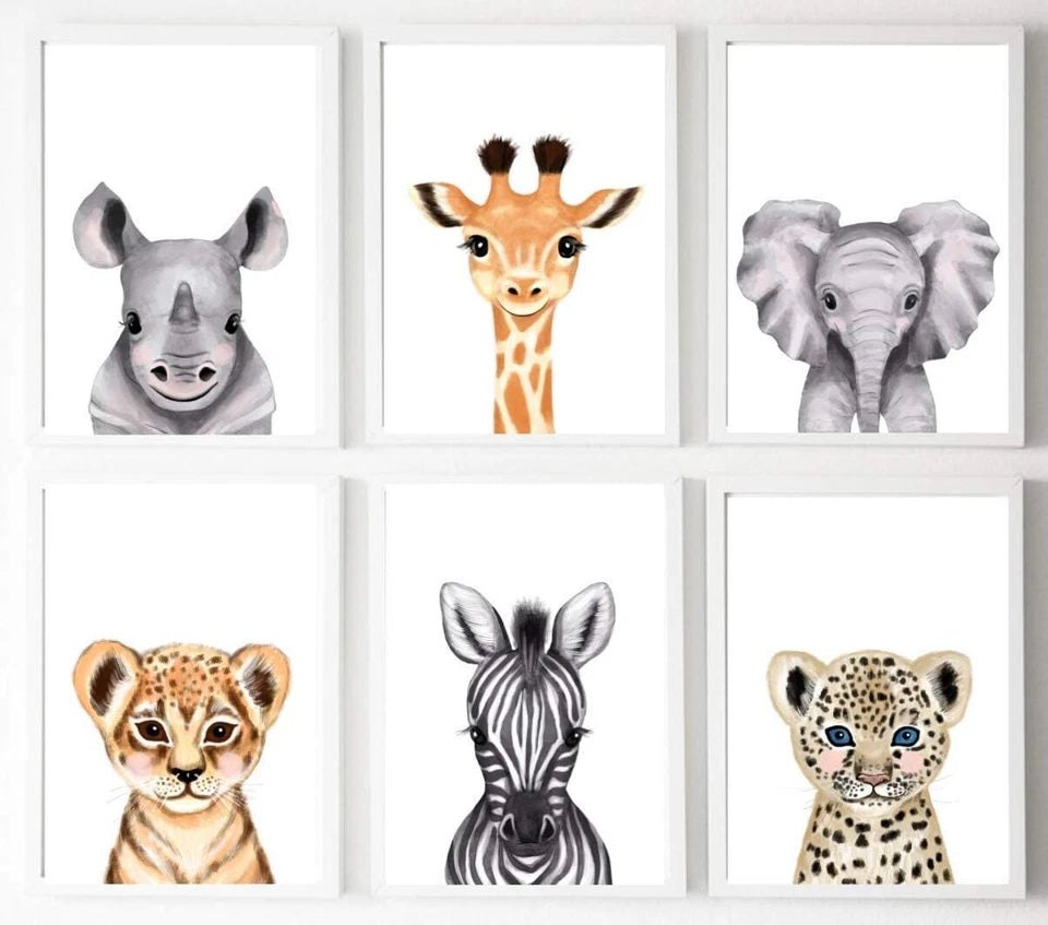 Handmade Safari Jungle Animal Nursery Art – A3 Prints – Set of 6 – Unramed Decor