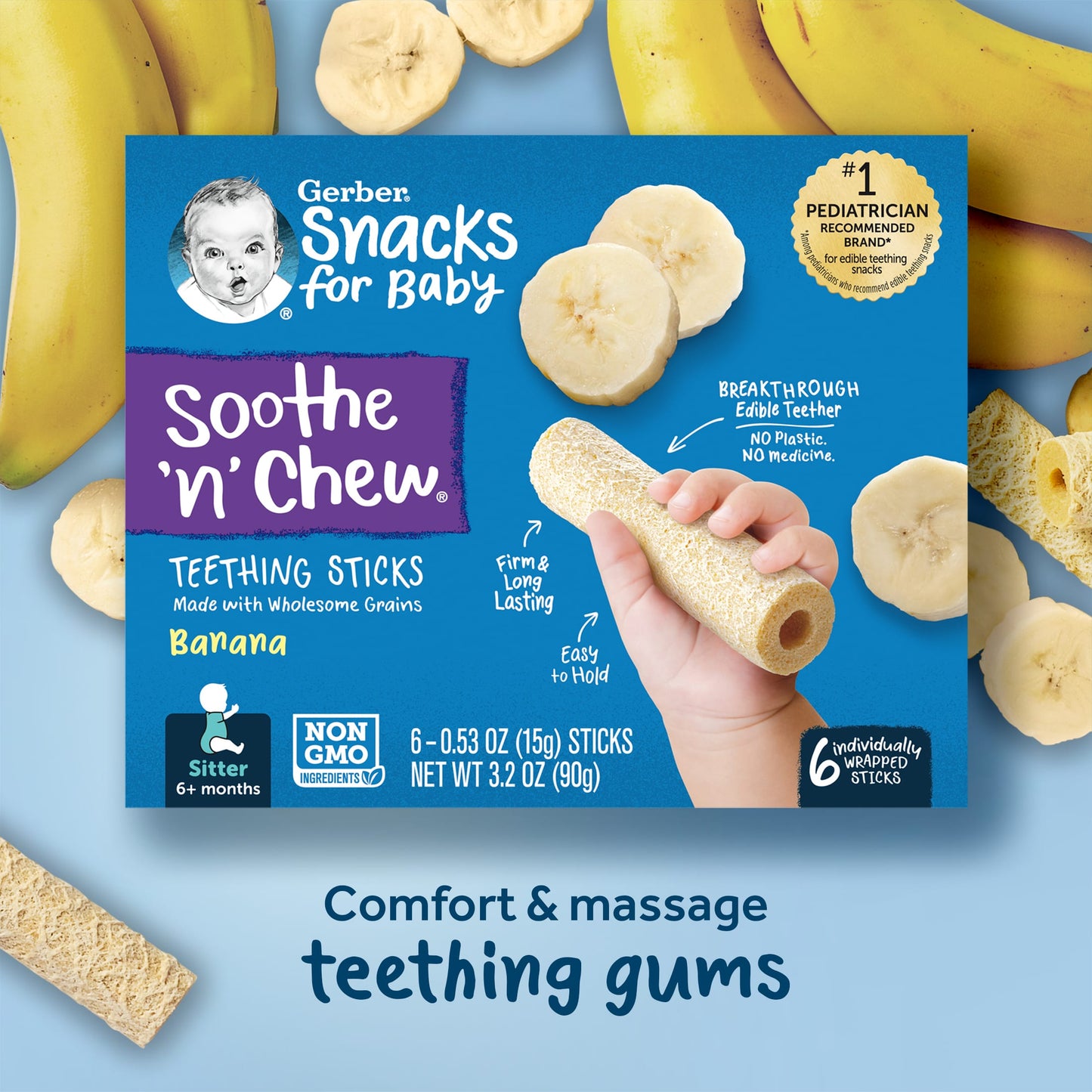 Gerber Soothe 'N' Chew, Baby Rusk, Teething Sticks - Banana